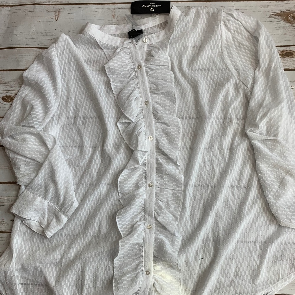 NWT Worthington Ruffle Front Swiss Dot Shirt